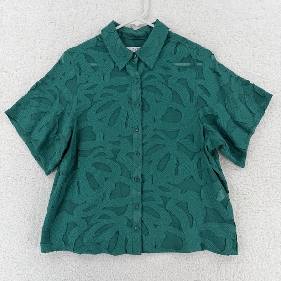 Chicos Shirt Womens 6 Green Textured Sheer Short Sleeve Button Front Blouse - Picture 1 of 8